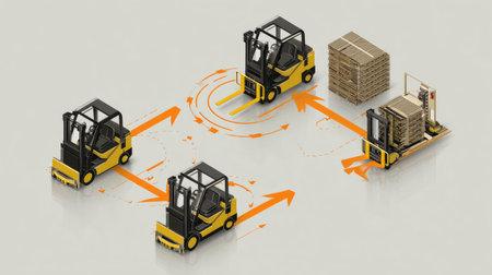 Materials handling diagram with forklifts, routing arrows, and safety zones markedの素材