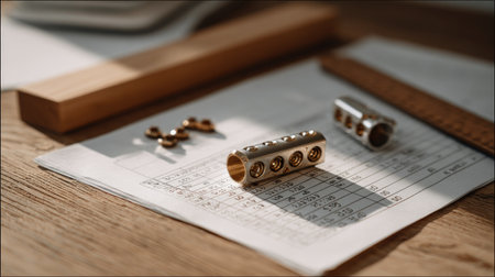 Machine component prototype next to tolerance calculation sheets and rulerの素材