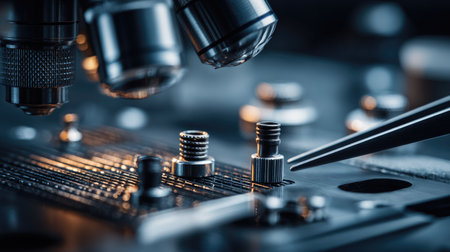 Microengineering workspace with microscope, tweezers, and tiny mechanical partsの素材