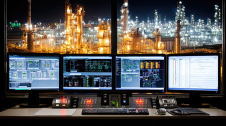 Oil refinery control room with engineering interface, warning lights, and logbooksの素材