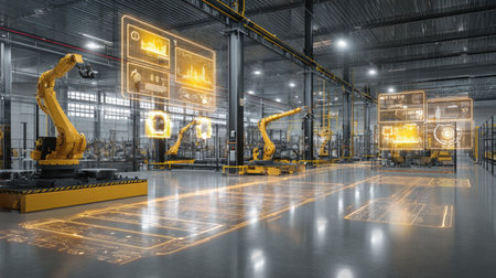 Smart manufacturing floor with robotic systems and digital dashboards on wallの素材