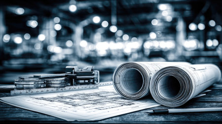 Structural steel beam plans rolled out on table with measuring instruments and notesの素材