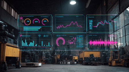Visual management wall with charts, control limits, and quality alerts in factory settingの素材