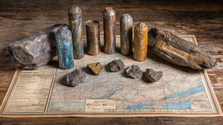 Mining engineering field map, core samples, and geological study toolsの素材