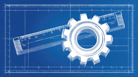 Professional engineering firm logo with ruler, gear, and blueprint elements in bold vector formの素材