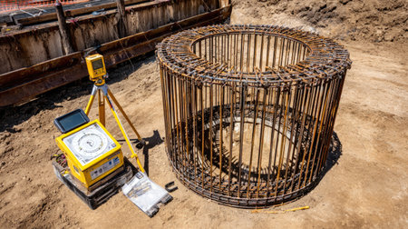 Rebar cage on ground beside foundation pit and civil engineer's measuring equipmentの素材