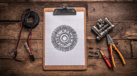 Motor assembly drawing on clipboard beside wiring tools and rotor componentsの素材
