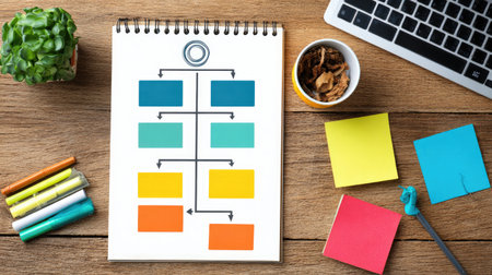 Root cause analysis diagram on desk beside quality report and improvement tagsの素材
