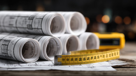 Rolled civil engineering blueprints on construction desk with measuring tape and levelの素材