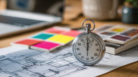 Workstation efficiency tools including stopwatch, layout plans, and improvement tagsの素材