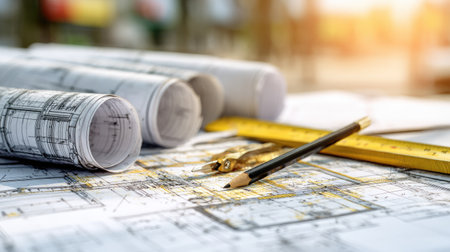 Structural steel beam plans rolled out on table with measuring instruments and notesの素材