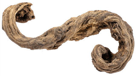 Ancient tree roots in curled formation, isolated as sculpture-like forms on whiteの素材