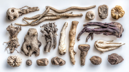 Artistic collection of varied root shapes from different species, neatly arranged on whiteの素材