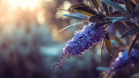 Close-up of clustered purple flowers on a tree branch under morning sunlightの素材