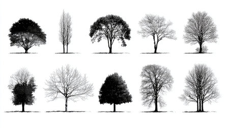 Black tree silhouettes set showing different leafless tree shapes, perfect for design and illustration useの素材