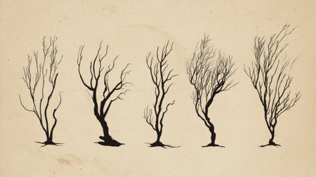 Natural silhouette tree bundle featuring curved, twisted, and upright branchesの素材