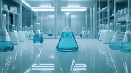 Rows of labeled chemical containers and flasks in a clean, brightly lit pharma research facilityの素材