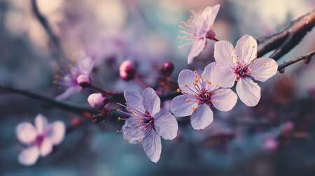 Focused shot of purple tree blossoms with blurred background of garden sceneryの素材