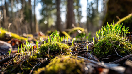 Early spring forest floor with tiny green sprouts breaking through moist groundの素材