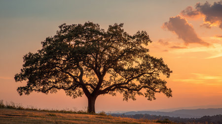 Deep orange sunset sky reflecting behind a mighty oak tree in peaceful countrysideの素材