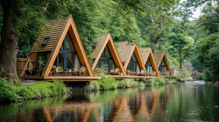 A-frame wooden eco-lodges aligned along riverbank promoting low-impact accommodationの素材