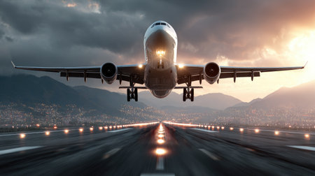 Airplane landing at airport with runway view, emphasizing transportation in tourismの素材
