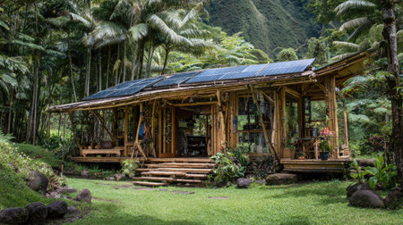 Bamboo guesthouse with solar panels and garden, emphasizing environmentally conscious travelの素材