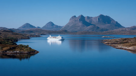 Cruise ship anchored in a calm bay with mountainous islands in the distanceの素材