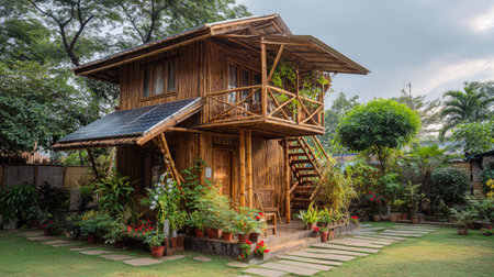 Bamboo guesthouse with solar panels and garden, emphasizing environmentally conscious travelの素材