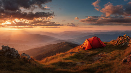 Camping tent at sunrise on a mountain ridge with panoramic view, ideal for adventure tourismの素材