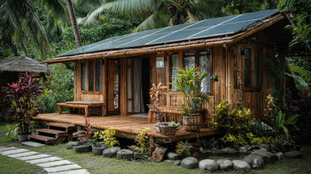 Bamboo guesthouse with solar panels and garden, emphasizing environmentally conscious travelの素材
