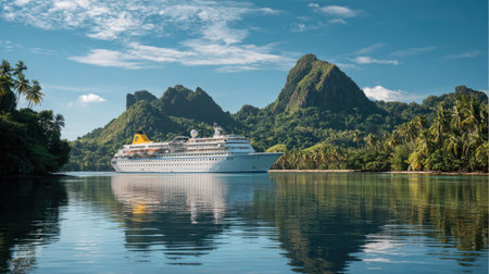 Cruise ship anchored in a calm bay with mountainous islands in the distanceの素材