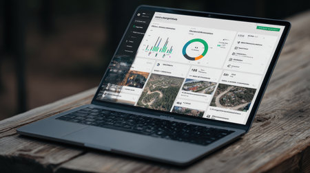 Digital dashboard displaying eco-tourism booking analytics and environmental impactの素材