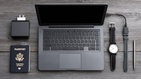 Flat lay of business travel gear laptop, charger, passport, watch, and penの素材