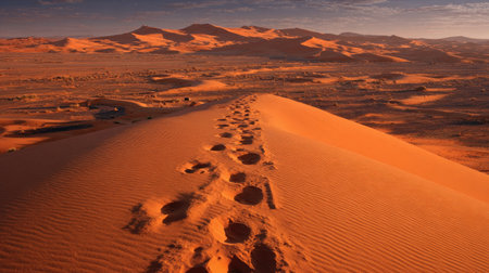 Desert landscape with footprints in sand leading to distant dunes, ideal for desert tourismの素材