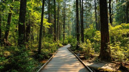 Forest boardwalk surrounded by tall trees and dappled sunlight, perfect for ecotourismの素材