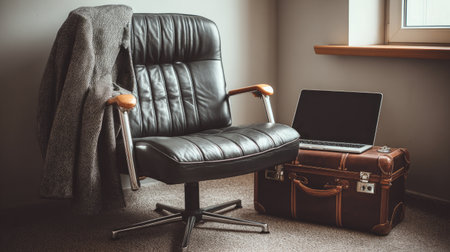 Executive office chair with coat draped over back in front of laptop and suitcaseの素材