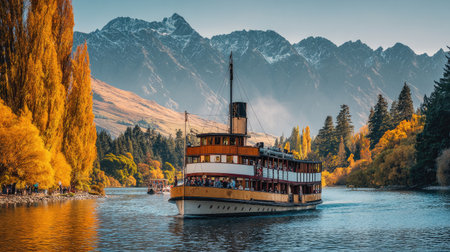 Ferry boat crossing lake with mountains in the distance, representing scenic transport tourismの素材