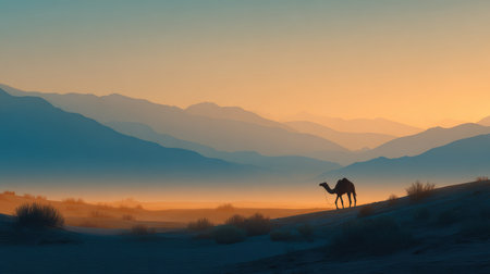 Desert landscape with camel silhouette and distant mountains, symbolizing adventure tourismの素材