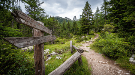 Forest path with signpost showing trail distances, perfect for hiking and trekking tourismの素材