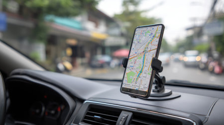 GPS navigation app on smartphone mounted in rental car dashboardの素材