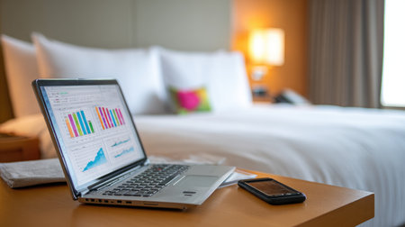 Hotel room desk with open laptop, financial charts on screen, and mobile phoneの素材