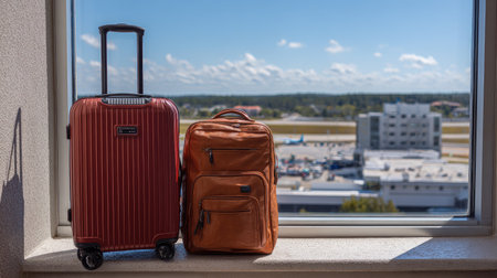 Luggage and travel gear next to window overlooking airport runway, representing travel preparationの素材