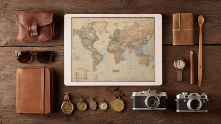 Digital tablet with world map app open and travel gear beside itの素材