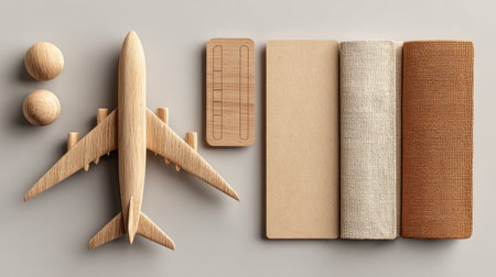 Minimalist flat lay with airplane model, boarding pass, and travel guideの素材