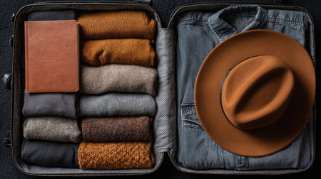 Flat lay of packed suitcase with clothes, hat, and guidebook ready for travelの素材