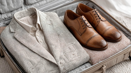 Folded blazer and business shoes neatly arranged in open suitcaseの素材