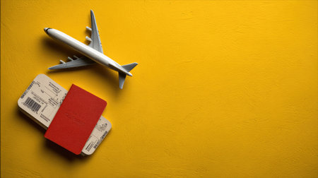 Minimalist flat lay with airplane model, boarding pass, and travel guideの素材