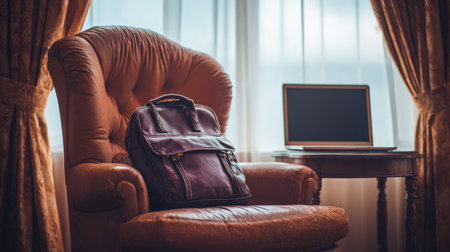 Lounge chair by large hotel window with laptop bag on side tableの素材