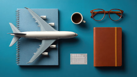 Minimalist flat lay with airplane model, boarding pass, and travel guideの素材